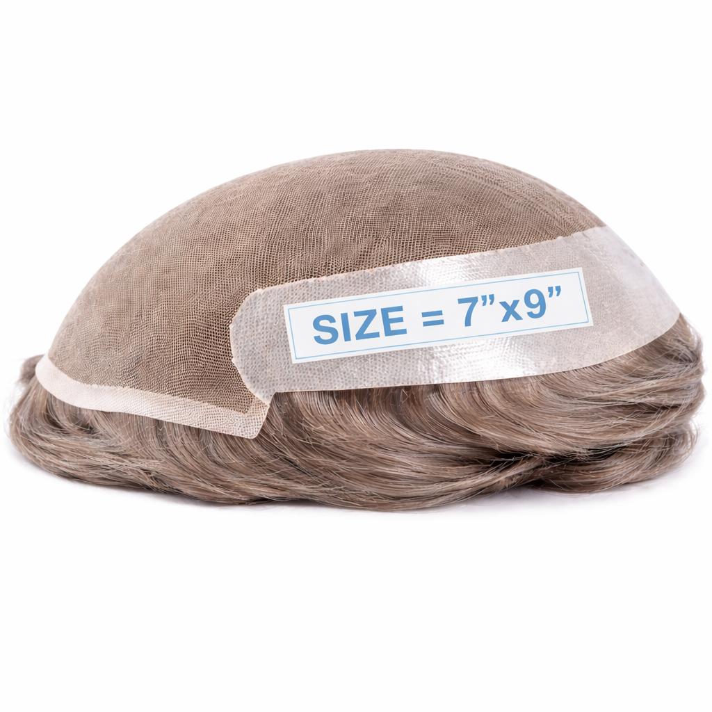 Toupees/Hairpiece, WNE-601A, French Lace, Poly Back, 100 % High Quality Remy Human Hair for Men. Base Size = 7"X9"