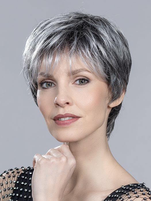 LOVE COMFORT by ELLEN WILLE in SALT/PEPPER ROOTED 51.44.39 | Black/Dark Brown, Darkest Brown, and Lightest Brown with Grey Blend and Shaded Roots