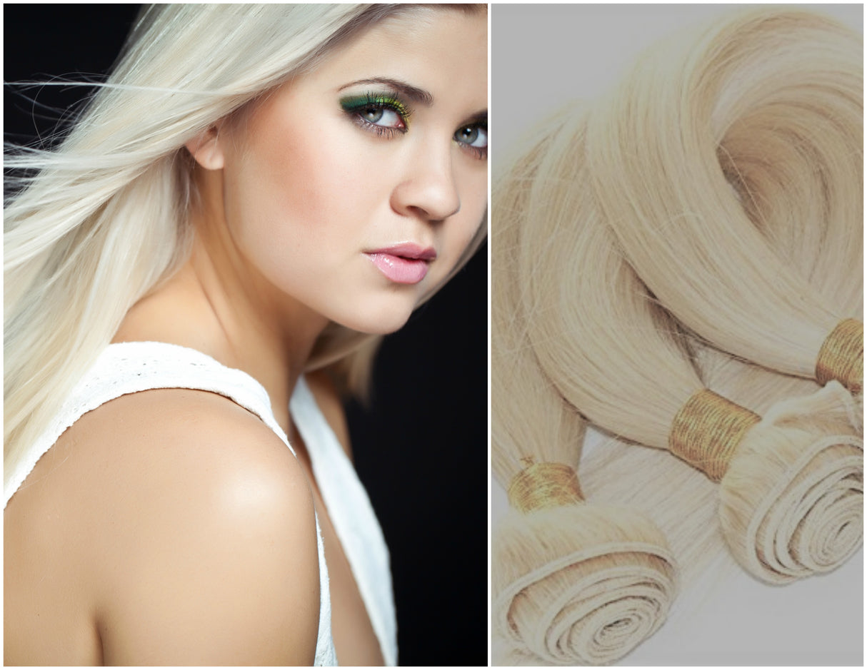 20"Inches  Remy Human Hair Weft/Weave Double Drawn Extensions- Bleach Blonde (Color #613)