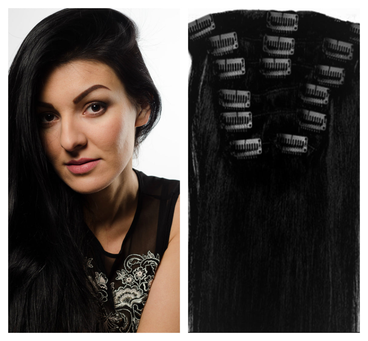 Clip In 100%  High Quality REMY HUMAN HAIR Extensions Jet Black Color #1