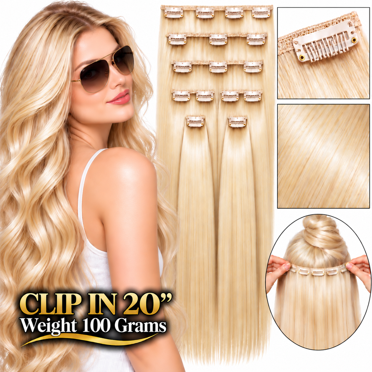 20" Clip-In Human Hair Extensions – Grade 8A Virgin Human Hair, Weight=100 GRAMS