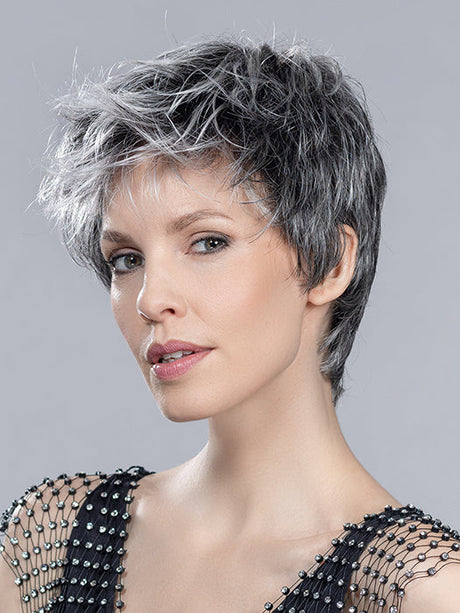 LOVE COMFORT by ELLEN WILLE in SALT/PEPPER ROOTED 51.44.39 | Black/Dark Brown, Darkest Brown, and Lightest Brown with Grey Blend and Shaded Roots