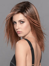 TABU by ELLEN WILLE in ROSEWOOD ROOTED | Medium Dark Brown Roots that Melt into a Mixture of Saddle Brown and Terra-Cotta Tones with Dark Roots