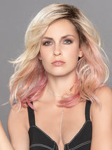 TABU by ELLEN WILLE in ROSE BLONDE ROOTED | Medium Dark Brown Roots that melt into a Pale Golden Blonde with a Mixture of Pink Tones Underneath with Dark Roots