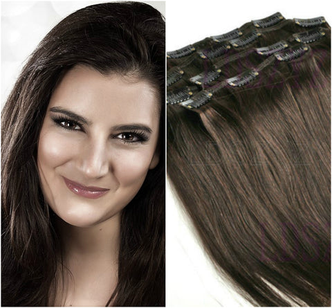 Clip In 100%  High Quality REMY HUMAN HAIR Extensions Dark Brown Color #2